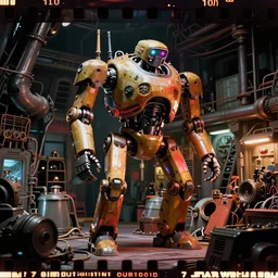7 0 mm film still from star wars, giant robot working in a dimly lit industrial junk engine room. interior set design, vibrant, high contrast, octane