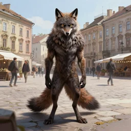 werewolf in the downtown city lviv market square, portrait, highly detailed, full body, digital painting, trending on artstation, concept art, sharp focus, illustration, art by artgerm and greg rutkowski and magali villeneuve