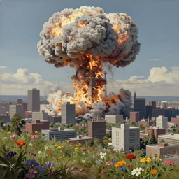 a nuclear explosion in a nearby gray metropolitan city, seen from a hilltop with colorful flowers and grass in the foreground, highly detailed, cinematic, digital art, soft lightning, muted colors, cgssociety, artstation hq, 8 k, hyperrealistic, oil painting by greg rutkowski, by artgerm, by wlop