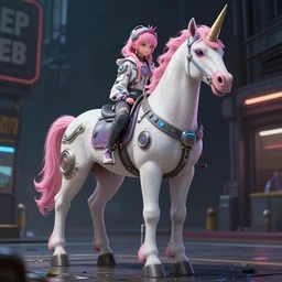 full body character, pink hair unicorn, cyberpunk intricate streetwear, dystopian, trending on artstation, beautiful, intricate complexity, digital painting, anime, disney, pixar, 8 k, hd, dof, kodak film, volumetric lighting, subsurface scattering, photorealistic, octane render, extreme details