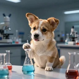 cute dog, mixing chemicals,lab background, digital art, art station