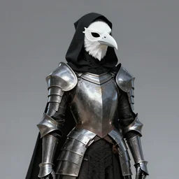 female plague doctor donning a black hood, steel knightly armor and a white crow mask, trending on artstation