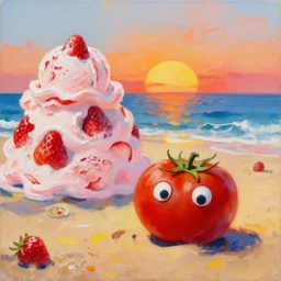 a funny painting with rough brush of a lazy red burned tomato with googly eyes on a beach, big piles of strawberry icecream surfing, a sunset by james jean