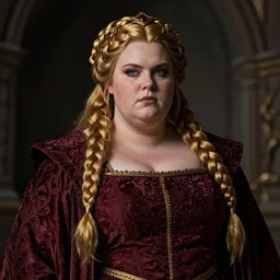Portrait | chubby female dwarven noblewoman | elaborated brocade burgundy dress | complex adorned golden braided hair | style by greg rutkowski, wayne reynolds, giotto dramatic light | high detail | cinematic lighting | artstation | broad fat woman| bold serious expression | dungeons and dragons |