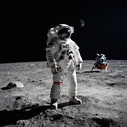 astronauts standing on a hill on the moon dramatic harsh lighting lander in the far distance Doug Chiang Marc Gabbana earth in the far distance Anamorphic Cinematic Volumetric Lighting Epic Composition