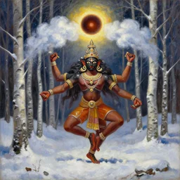 ivan marchuk style nataraja dancing in a winter birch grove and raising snow clouds during a solar eclipse, original oil on canvas painting by william sydney mount