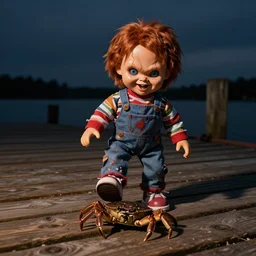 screaming chucky doll stomping on crab on wooden dock