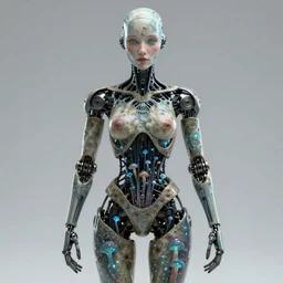humanoid robot, bioluminescent mushrooms skin, highly detailed, expressive eyes, beautiful symmetric body, perfect proportions, highly intricate, art by tom bagshaw and alex gray