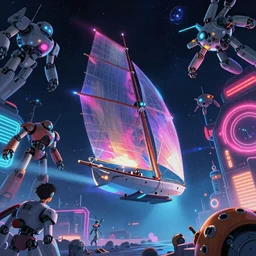 wide angle shot, Fying Dutchman sailing in space, scifi robots, neon lights, james gurney, katsuhiro otomo, james paick, cinematic lighting, artstation, vibrant nature, anime style, Craig Mullins, Greg Rutkowski, Pete Morbacher, Tuomas Korpi, tekkon kinreet, volumetric light, artstation, , octane render, redshift render, low angle camera