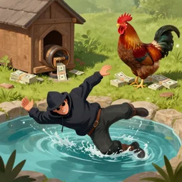 A digital painting of a thief tripping and falling into a pond. In the background, there's a chicken coop where a rooster drinks from a wooden keg while sitting on stacks of dollar bills.