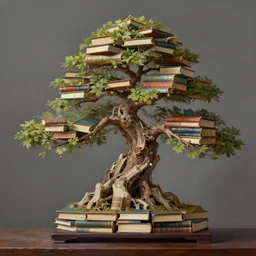A digital fantasy painting of a bonsai tree made entirely of books, by greg rutkowski, trending on artstation