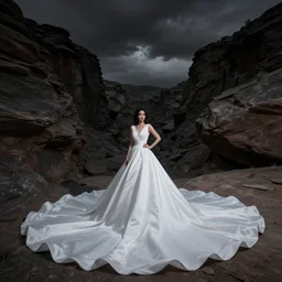 photo, a woman in a giant flowing incredibly long white smoke dress, standing inside a dark western rocky scenic landscape, volumetric lighting