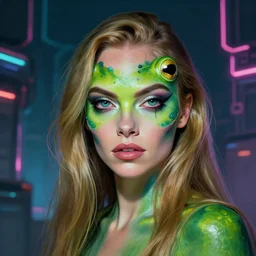 a portrait of cara delevingne as frog make - up, cyberpunk, fantasy, neon lights, sharp focus, intricate, elegant, digital painting, artstation, matte, highly detailed, concept art, illustration, ambient lighting, art by ruan jia and artgerm and range murata and wlop and ross tran and william, adolphe bouguereau and beeple