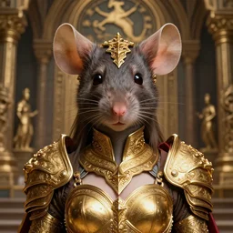 professional digital art of a hyper realistic and highly detailed beautiful anthropomorphic mouse in a beautiful complex and sexy golden armor. girl's face is hyper realistic, symmetric, and highly detailed. head and shoulders view. background is an ancient temple, knights of zodiac style. greg rutkowski, zabrocki, karlkka, jayison devadas, intricate, trending on artstation, 8 k, unreal engine 5