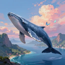 digital painting a huge whale, that has tiny small little fairy wings, the whale is flying in the sky over a sea, the landscape consists of huge long mountains, with vibrant sky, vibrant water river, fully detailed, high quality, matte painting finish, trending on artstation, trending on deviant art, octane render, volumetric lightening, 3 d