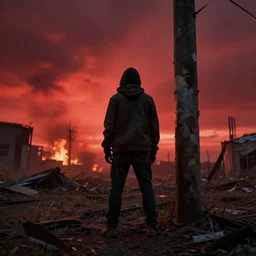 stalker standing in front of a post - apocalyptic view with burning red sky