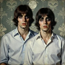a baroque painting of two beautiful but sinister men wearing oxford shirts in layers of fear, with haunted eyes and dark hair, 1 9 7 0 s, seventies, wallpaper, a little blood, moonlight showing injuries, delicate embellishments, painterly, offset printing technique, by brom, robert henri, walter popp