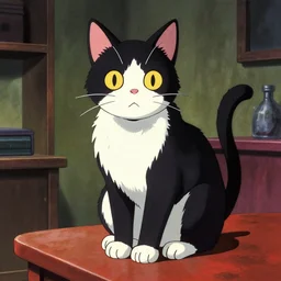 a cat sitting on a table by junji ito, horror, detailed, vibrant colors