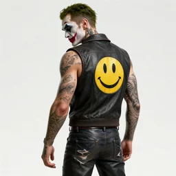 the joker with his neck fully tattooed, wearing scratched and ripped leather jeans, wearing an aviator outfit with a smiley stamp on its back, character sheet, fine details, props, concept design, contrast, kim jung gi, greg rutkowski, trending on artstation, 8 k, full body, turnaround, front, back, ultra wide angle