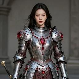photo of a real-life beautiful warrior with ruby encrusted armour