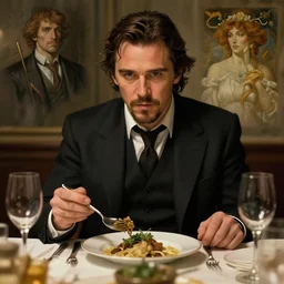 christian bale eating dinner, character sheet, character design, contrast, deep focus, turnaround, highly detailed, dramatic lighting, digital painting, artstation, concept art, matte, sharp focus, illustration, elegant, art by artgerm and greg f and alphonse mucha.