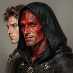 portrait of a male tiefling with red skin wearing a black hood, slight smile, looking like jason mamoa and Benedict Cumberbatch, D&D, fantasy, intricate, elegant, highly detailed, digital painting, artstation, concept art, smooth, sharp focus, illustration, art by artgerm and greg rutkowski and alphonse mucha