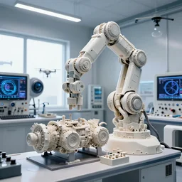 ceramic punk, motors, a complex thick bifurcated robotic cnc surgical arm cybernetic symbiosis hybrid mri 3 d printer machine making in a biochem lab control panels, 4 k, large monitor screens, knobs, natural light in room, drone camera lens orbs, octane render, architectural, f 1 8,,