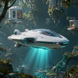futuristic levitating luxury small spaceship hovering above modular habitat designed by apple flying over the forest art by greg rutkowski and paul ozzimo, epic fantasy scifi cyan light engine ultra realistic volumetric light god rays raytracing unreal engine digital art trending artstation deviantart octane render,