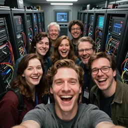 selfie of a tight group of happy drunken hackers at a party in a highly detailed server room with computers everywhere and wires, in a scifi movie, retrofuturism, by jamie hewlett, nuri iyem, james gurney, james jean, greg rutkowski, anato finnstark. pixar. hyper detailed, wide angle, perfect faces