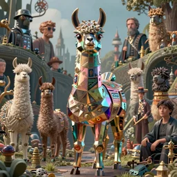 highly detailed surreal vfx portrait of a metallic chromatic geometric tribal llama, behance, stephen bliss, unreal engine, greg rutkowski, loish, rhads, beeple, makoto shinkai and lois van baarle, ilya kuvshinov, rossdraws, tom bagshaw, alphonse mucha, global illumination, detailed and intricate environment