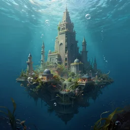 hyper realist matte digital painting of an underwater city, underwater photography, jugendstill, floating in water, bubbles rising, seaweed, fairytale, fantasy art, photo realistic, dynamic lighting, artstation, volumetric lighting, by mucha, by charlie bowater, by karol bak, by alma tadema