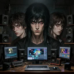 Anime Musicians, Brothers, Gigachads, Streaming, Live, Professional Recording Equipment, Dark, Horror, detailed, centered, digital painting, artstation, concept art, donato giancola, Joseph Christian Leyendecker, WLOP, Boris Vallejo, Breathtaking, 8k resolution, extremely detailed, beautiful, establishing shot, artistic, hyperrealistic, beautiful face, octane render, cinematic lighting, dramatic lighting, masterpiece