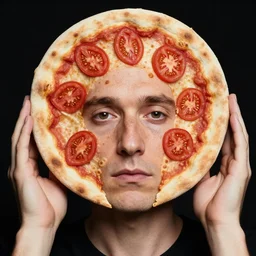 portrait of man with a rare facial deformity making the head a flat and circular disc, looking like a pizza, doughy skin with baked crust appearance, freckles like burnt spots, blemish like features that look like tomato slices, soft lighting, sharp focus, highly symmetrical, black background, masterpiece, case photo by annie leibovitz