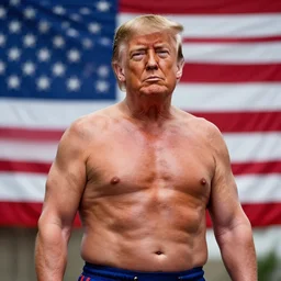 a professional photo of a shirtless, incrediblely muscular donald trump, posing with an american flag in the background. 5 0 mm lens, f 1. 8.