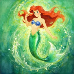 ariel mermaid, green, splash aura in motion, floating pieces, painted art by tsuyoshi nagano, greg rutkowski, artgerm, alphonse mucha, spike painting