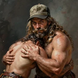 portrait of middle ages barbarian wrestling no skirt big mussels, warrior with sad eyes and trucker mustache. fantasy art. game character, trending on art station