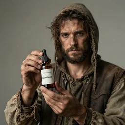 dirty hobo holding a bottle of hawthorn tincture in his hands, professional shooting, model shooting, high quality, professional light,