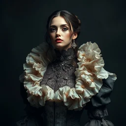 portrait of beautiful female model by irakli nadar with intricate detailed wearing victorian dress designed by alexander mcqueen and rocky gathercole, haunting, elite, elegant, ruan jia, dark, hyper detailed, concept art, by gustav klimt, studio photography using canon r 3