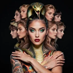 epic masterpiece portrait of jada fire as a snake tattooed gymnast, followed by heads with many souls, beautiful face and flawless skin, perfect hands, emeralds by Edgar Maxence and Ross Tran and Michael Whelan