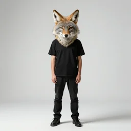(man) with a coyote head standing in a plain white room studio photo