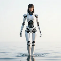 beautiful centered photo portrait of korean girl as a solarpunk robotic humanoid with white mechanical parts with bright halogen lights, treading on calm water, ultra - realistic and detailed, sun lit, white background, bokeh, soft focus, slow exposure hdr 8 k