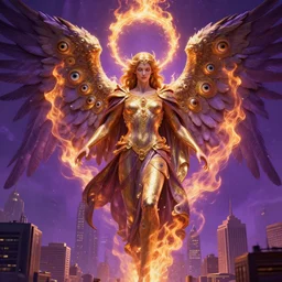 a render of a gigantic biblically accurate angel with rings of fire and many eyes over a city, purple, gold, hyper detailed