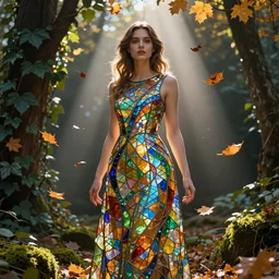 portrait of a woman wearing a dress of stained glass , autumn leaves falling, dramatic volumetric lighting, god rays, global illumination, soft, sharp focus, sci-fi, ivy, moss, trending on artstation, intricate concept art by artgerm and Mel Milton
