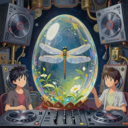 surreal gouache painting, by yoshitaka amano, by ruan jia, by Conrad roset, by good smile company, detailed anime 3d render of big transparent resin egg  in the cenrter of the screen  with a  magical dragonfly inside.  dragonfly inside an egg, Surrounded by a big DJ Mixer, Controller deck,  portrait, cgsociety, artstation, rococo mechanical and Digital  and electronic, dieselpunk atmosphere