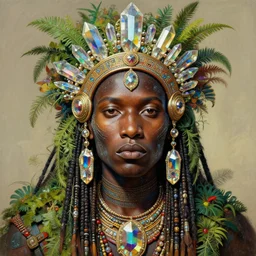 upper half portrait of retro futuristic african tribal chief - embellished with vegetation and iridescent crystals, art by chsiao - ron cheng & alphonso mucha, colouring by zdzisaw beksinski, highly detailed, digital painting, airbrush, concept art, illustration, smooth sharp focus, intricate, symmetry, artstation, colourful,