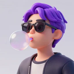 a person with purple hair and sunglasses blowing a bubble, a 3 d render by akira toriyama, trending on zbrush central, computer art, rendered in cinema 4 d, rendered in maya, rendered in unreal engine,
