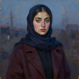 dreamy detailed portrait in femininity, realistic face sculpted features, ethnic, deep clear eyes, statuesque, coat and scarf, twilight, chiaroscuro, islamic color palette, brushy impressionism, impasto, contemporary fashion, deep rich hues, oil on canvas