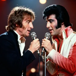 john lennon and elvis singing together in the same microphone, concert photography from the 70s, bokeh, 4k