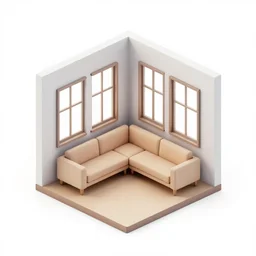 3d render of a corner section of a room, isometric, white background, couch and windows