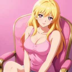 sexy girl with blonde hair, wearing a low cut tanktop, sitting in a chair, pink color palette, in the style of greg rutkowski, high quality anime artstyle, intricate